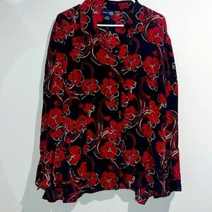 Venezia jeans red black white floral top. 100% silk. Button down. Size 1…